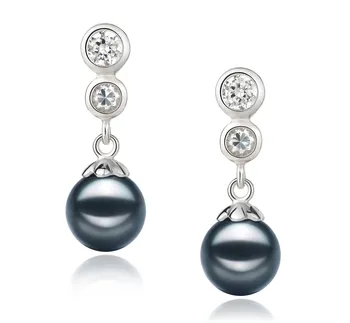 thumbnail image 2 of Skysk 8-9mm Black Akoya Cultured Pearl Dangle Earrings - Sterling Silver Leverback, AAA Quality 2 of 6